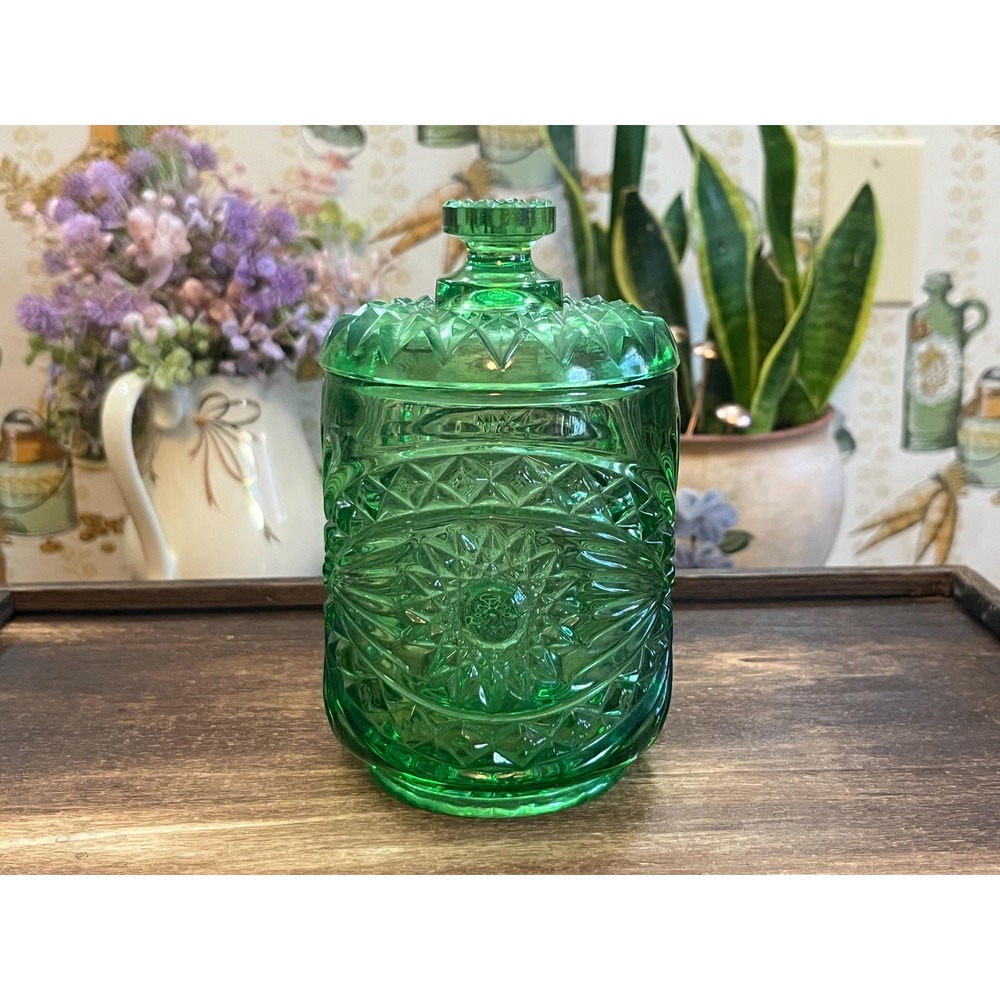 Vintage Imperial Glass Green Jar with Lid RARE